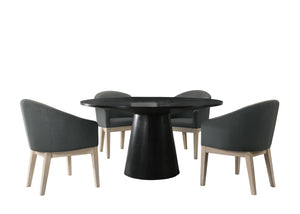 English Elm Jacopo Round Pedestal Dining Set with Four Upholstered Barrel Chairs in Modern Style B2749S00288