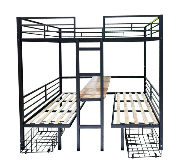 English Elm Full Full Size Loft Bed with Table Set, Transformable to Full over Full Bunk with Drawers, CPC-Certified, Metal Frame, Quiet Slats, Space-Saving Design W427S00069