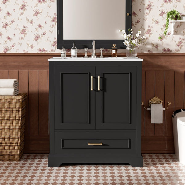 English Elm 30" Freestanding Bathroom Vanity Matte Black Solid Wood Ceramic Sink Soft Close N729P321376B