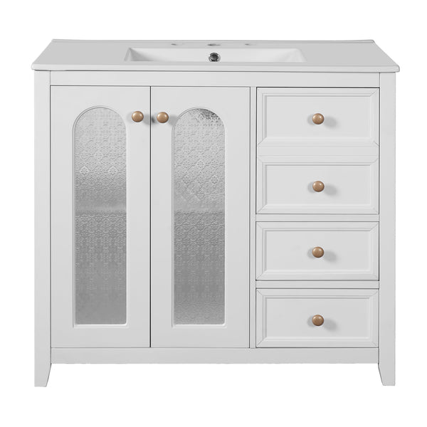 English Elm 36.02-inch white bathroom vanity with ceramic basin, gold round handles, soft-close doors & drawers N729P184710K
