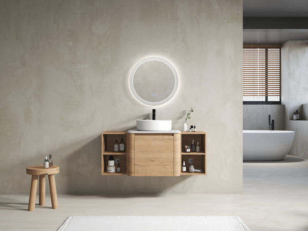 English Elm 48'' Wall-Mounted Bathroom Vanity With Elegant Ceramic Sink, Soft-Close Door & Dual Storage Shelves W999S00408