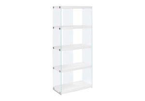 English Elm Bookshelf, 5-Tier Glossy Laminate & Tempered Glass Etagere with Chrome Accents for Small Spaces White 75 L x 15 W x 7 H B2710P219251