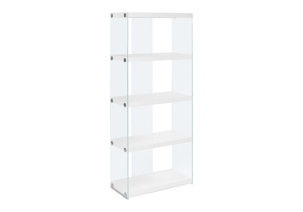 English Elm Bookshelf, 5-Tier Glossy Laminate & Tempered Glass Etagere with Chrome Accents for Small Spaces White 75 L x 15 W x 7 H B2710P219251