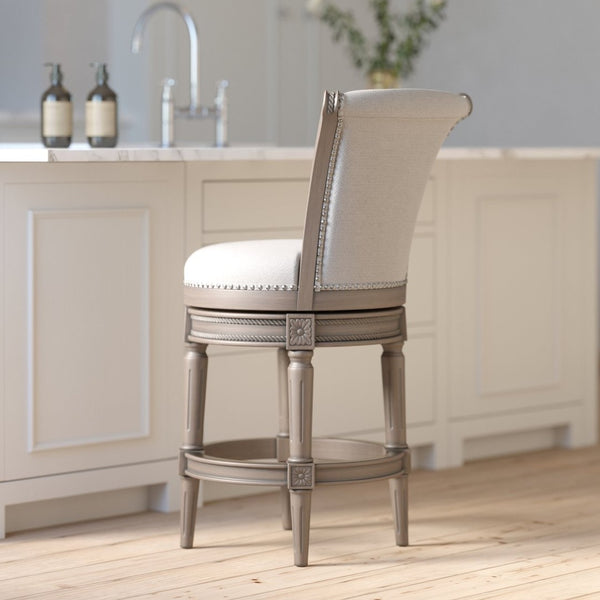 English Elm 26in. Wood High-back Swivel Barstool Farmhouse Style Nailhead Upholstered Kitchen Seat Gray B2751P436432