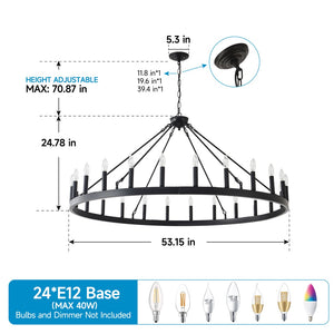 English Elm 53.15 Inch Matte Black 24 Light Wagon Wheel Chandelier for Farmhouse Dining Rooms W5008P392780