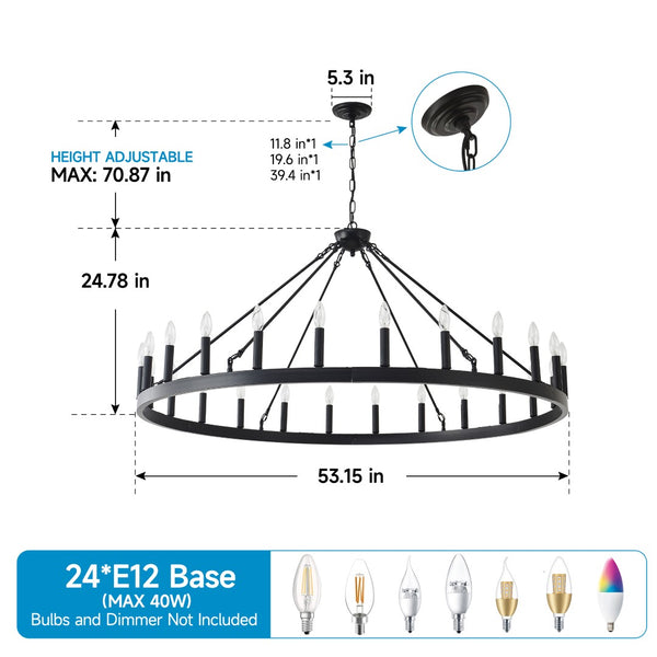 English Elm 53.15 Inch Matte Black 24 Light Wagon Wheel Chandelier for Farmhouse Dining Rooms W5008P392780