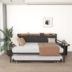 English Elm Daybed Upholstered Twin with Trundle, Built-In Charging Station, RGB LED Lights, Lockable Casters W2129P244628
