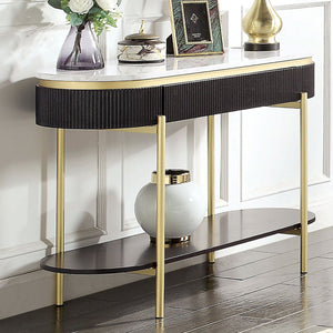 English Elm Gorgeous Mid-Century Glam Coffee Table with White Faux Marble Top, Gold Frame, Concealed Drawer Black + Dark Walnut 52 L x 20 W x 12 H B011P184954