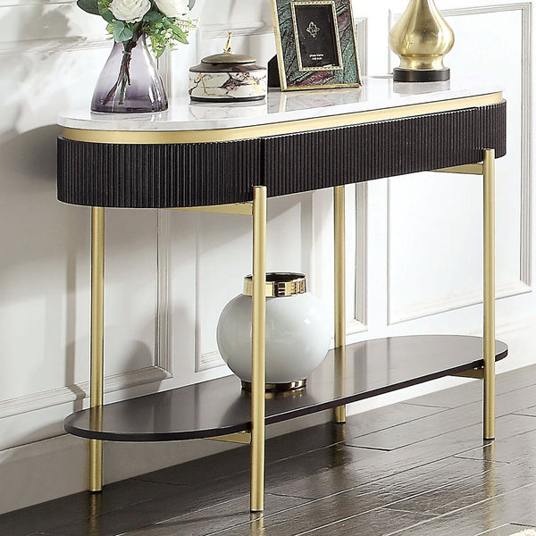 English Elm Gorgeous Mid-Century Glam Coffee Table with White Faux Marble Top, Gold Frame, Concealed Drawer Black + Dark Walnut 52 L x 20 W x 12 H B011P184954