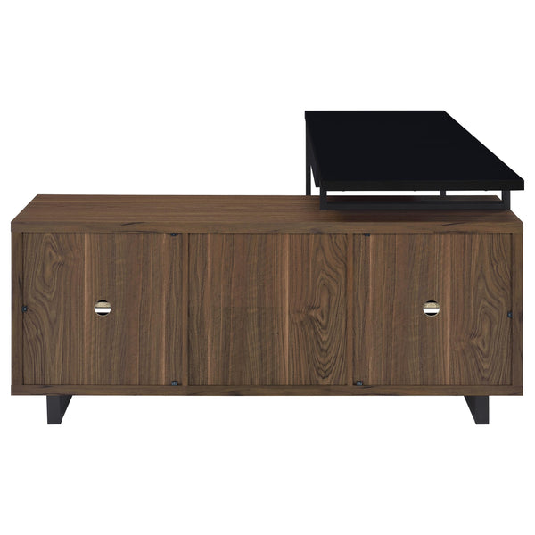 English Elm Rodger Black and Walnut L-Shape Computer Desk with Credenza, Slatted Doors, Drawers, Spacious Workstation B062P378334