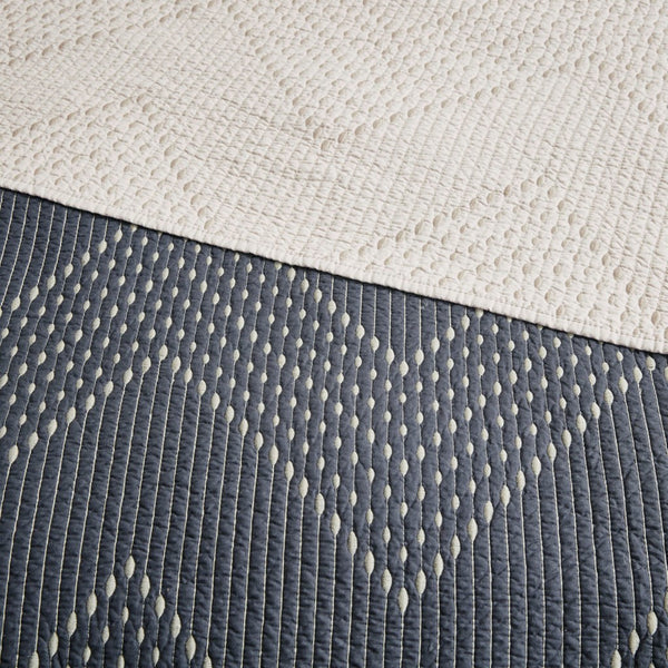 English Elm 3 Pomona Embroidered Cotton Quilt Set Navy King/Cal King – Chevron Taupe Reverse, Antimicrobial, Cozy Modern Bedding B03596540