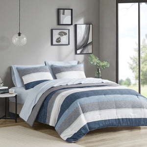 JLA Home Madison Park Essentials - Stripe Madison Park Essentials Jaxon Comforter Set with Coordinated Sheets, OEKO-TEX Certified Antimicrobial Blue/Grey MPE10-987