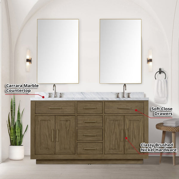 English Elm Grey Oak Double Bath Vanity Set With Carrara Marble Top, Chrome Faucets & 28" Mirrors For Easy Upgrade B2731S01796
