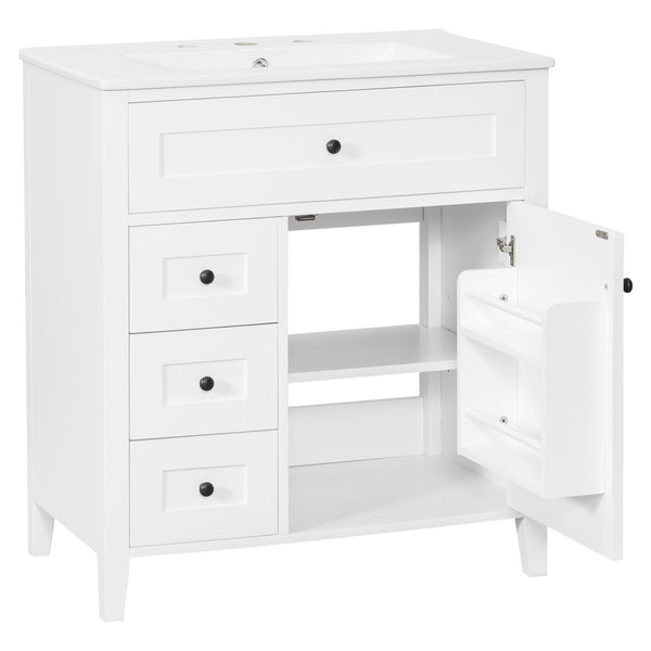 English Elm 30-Inch Contemporary Bathroom Vanity with Sink, MDF & Rubberwood, Glossy Finish, 3 Drawers + Cabinet White N725P350819K