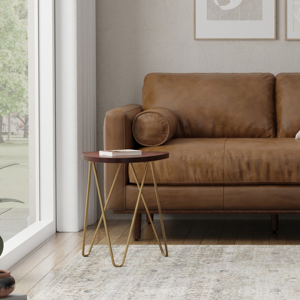 English Elm Patrice Dark Brown Metal and Wood Accent Table – Mango Hardwood Top, Gold Hairpin Legs, 17.7x18x21.3" B136P203443