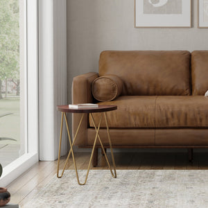 English Elm Patrice Dark Brown Metal and Wood Accent Table – Mango Hardwood Top, Gold Hairpin Legs, 17.7x18x21.3" B136P203443