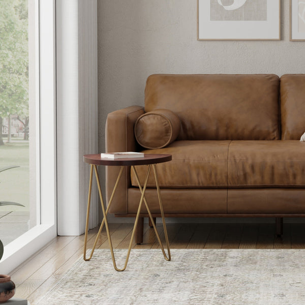 English Elm Patrice Dark Brown Metal and Wood Accent Table – Mango Hardwood Top, Gold Hairpin Legs, 17.7x18x21.3" B136P203443