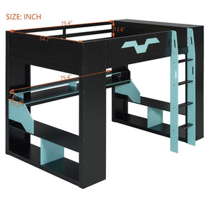English Elm Full Size Gaming Loft Bed with Rgb Lighting Built-in Desk and Usb Charging Ports Blue LT000275AAC