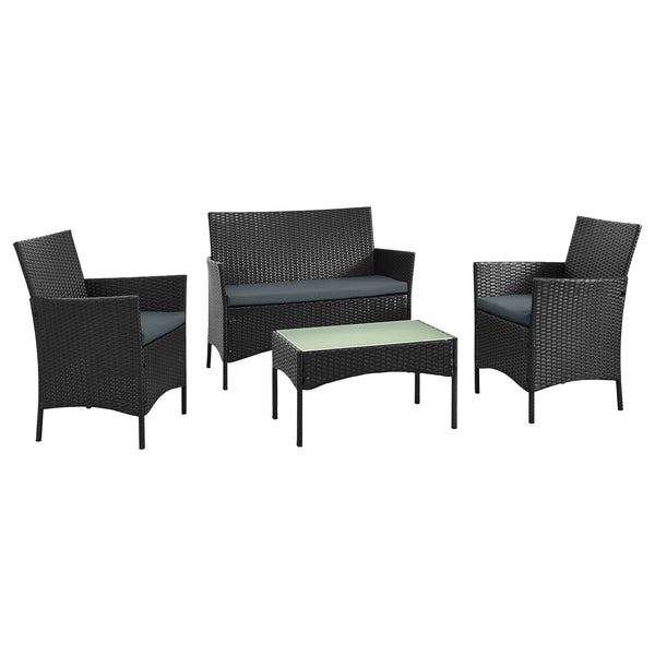 English Elm Imperia 3-Piece Conversation Set with Removable Washable Cushions, Tempered Glass End Table, Weatherproof Rattan Frame Black+Grey B365P398242