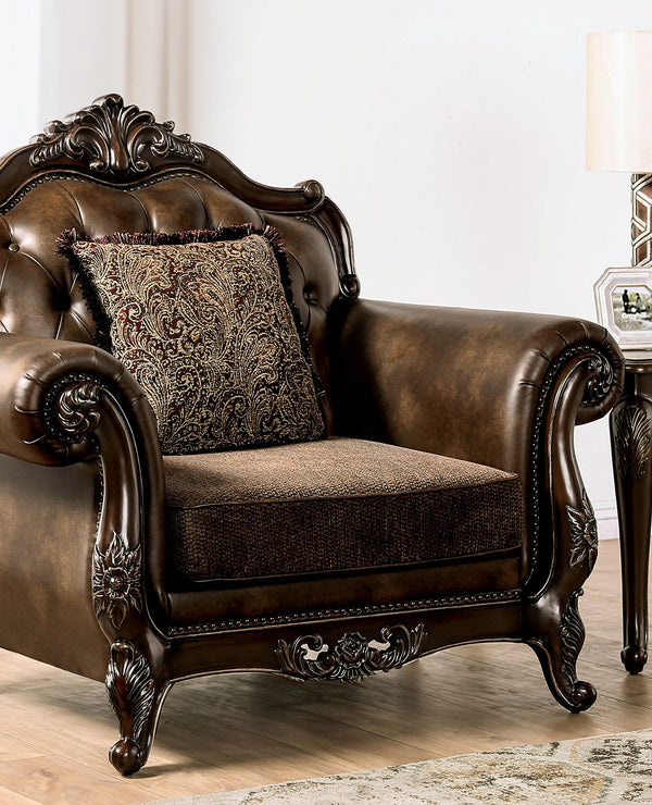 English Elm Traditional Carved Tufted Accent Chair with Rolled Arms, Nailhead Trim and Elegant Upholstery Brown,Cherry 35 L x 46 W x 33 H B2741P380810