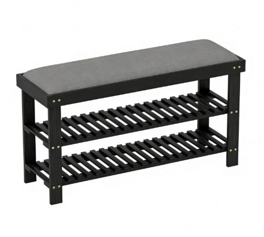 English Elm Entryway Bamboo Shoe Storage Bench with Padded Seat and Two Tier Slatted Shelf T3971P430917