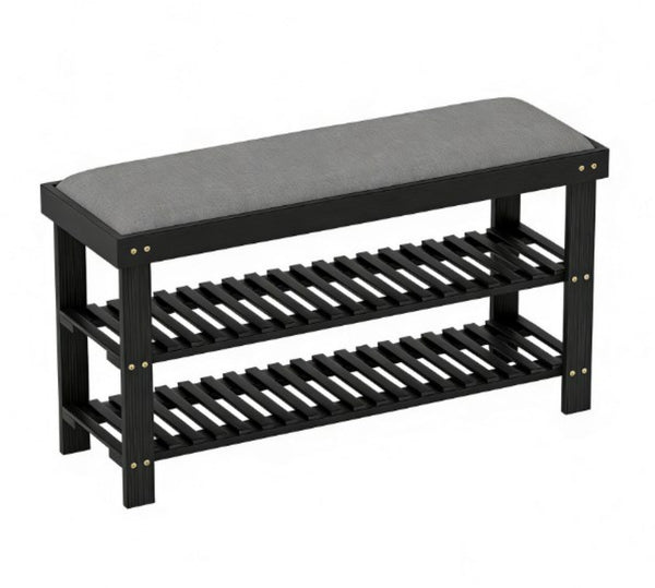 English Elm Entryway Bamboo Shoe Storage Bench with Padded Seat and Two Tier Slatted Shelf T3971P430917