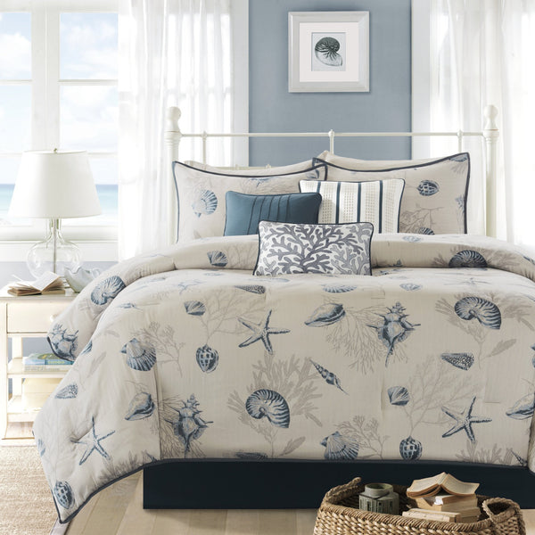 English Elm 7 Bayside Cotton Sateen Comforter Set Cal King - Coastal Seashell Blue Ivory Taupe 7-Piece Luxe B03597035