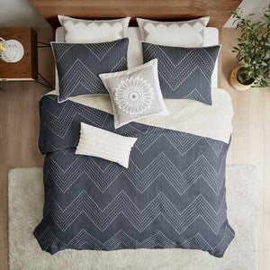 English Elm 3 Pomona Embroidered Cotton Quilt Set Navy King/Cal King – Chevron Taupe Reverse, Antimicrobial, Cozy Modern Bedding B03596540