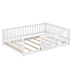 English Elm Full Size Pine Montessori Floor Bed with Fence & Removable Door, Sturdy Kids Bed White Playhouse W1820P349301