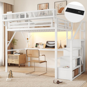 English Elm Full Loft Bed with Desk and Charging Station, Metal Loft with Stairs, Wardrobe, Shelves & Light White W2580S00046