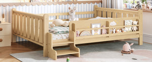 English Elm Queen Bunk Bed with Trundle Solid Pine Kids Car Themed Frame Built-in Bookshelf Light Natural W1580S00538