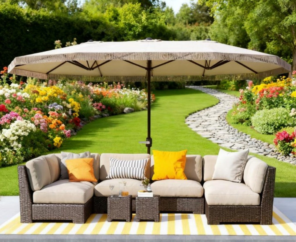 English Elm Spacious 15 Foot Rectangular Outdoor Umbrella with Fringe and Uv Resistant Canopy T3971P427123