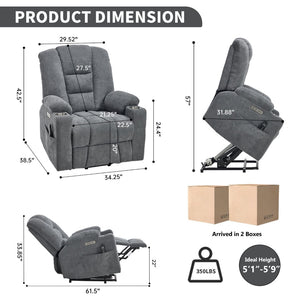 English Elm Emon's Overstuffed Chenille Power Lift Recliner with Massage Heat and Charging Ports Grey W1803S00090