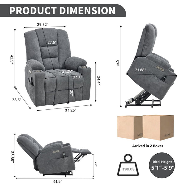 English Elm Emon's Overstuffed Chenille Power Lift Recliner with Massage Heat and Charging Ports Grey W1803S00090
