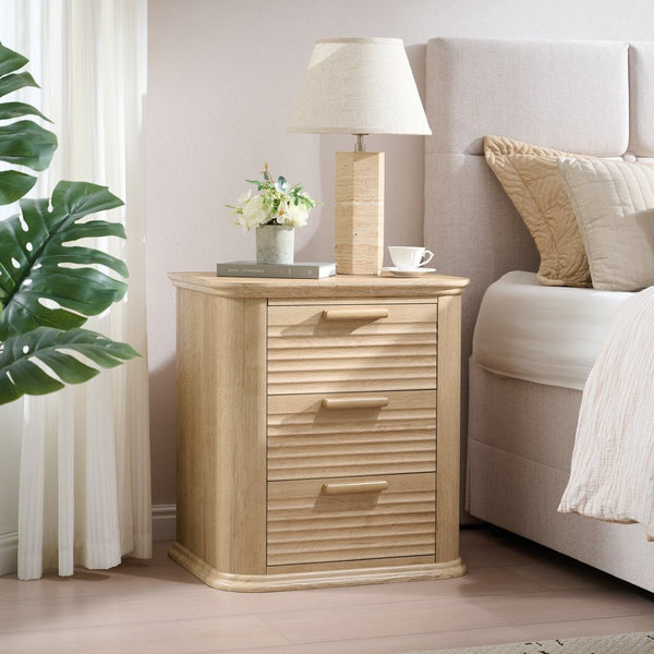 English Elm 22" Fluted Wood Nightstand with Built-in Charging Station Three Drawer Bedside Storage Oak T5326P431150