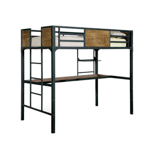 English Elm Metal Industrial Bunk Bed Twin Over Workstation with Wood Panels, Nailhead Trim, Built-In Ladder, Black Finish B2741P353089