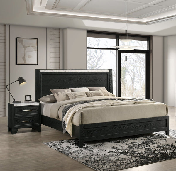 English Elm 1pc Queen Panel Bed with Faux Marble Accents and Upholstered Headboard for Contemporary Retreat Black,White 65.67 L x 30 W x 4.96 H B2741S00589