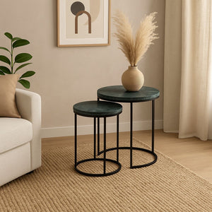 English Elm Marble Chic Nesting Coffee Table Set Of 2 - Elegant Green Tops With Durable Metal Frame Design B346P320734