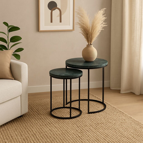 English Elm Marble Chic Nesting Coffee Table Set Of 2 - Elegant Green Tops With Durable Metal Frame Design B346P320734