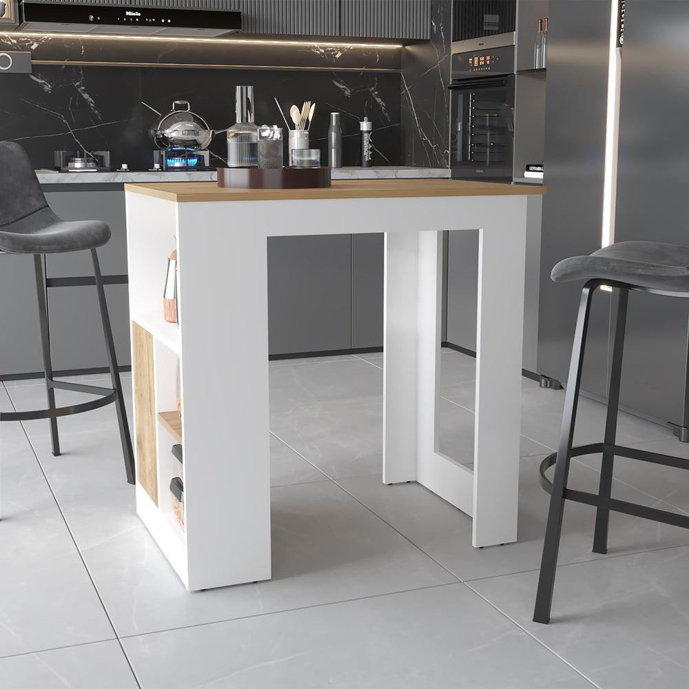 English Elm Aurora Compact Kitchen Island with Open Shelves & Cabinet in White and Macadamia — Stylish Prep Hub B062111733