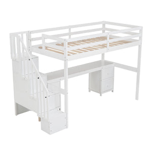 English Elm Twin Loft Bed with Built-In Desk and Double Storage Drawers, Pine & MDF Frame for Small Rooms White GX000382AAK