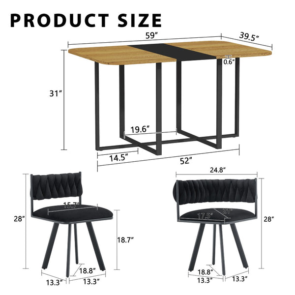 English Elm 7-piece Dining Set Tufted Velvet Chairs Melamine Table Modern Farmhouse Kitchen Black,Wood W3875S00114