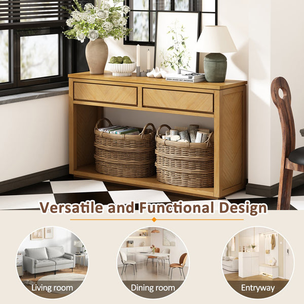 English Elm TREXM Elegant Chevron Console Table with Two Smooth-Glide Drawers and Open Shelf, Sturdy Entryway Accent Natural N715P235096N