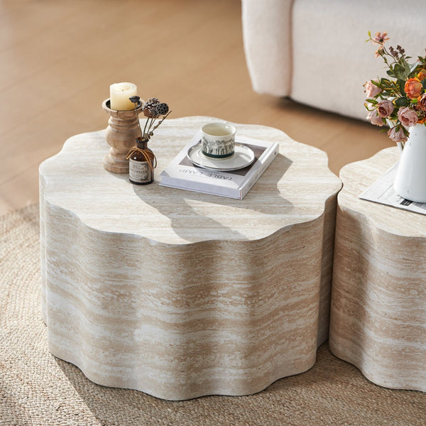 English Elm Set of 2 Round Coffee Tables Beige Brown Faux Mars Pattern MDF, Space-Saving Modern Accent Tables W3040P382320