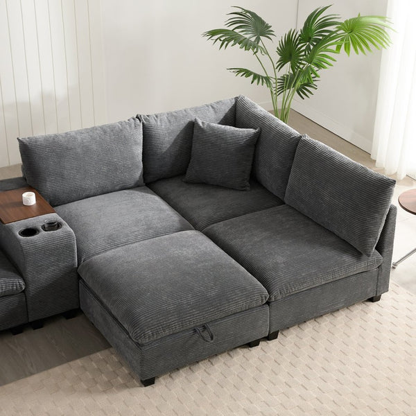English Elm 139'' U-shaped Corduroy Sectional with Ottoman Console Usb Port and Cup Holders for Living Gray N723S1166E