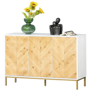 English Elm HOMCOM Rustic Chevron 3-Door Sideboard Buffet with Push-Open Doors, Adjustable Shelves & Metal Legs Natural W2225P217405