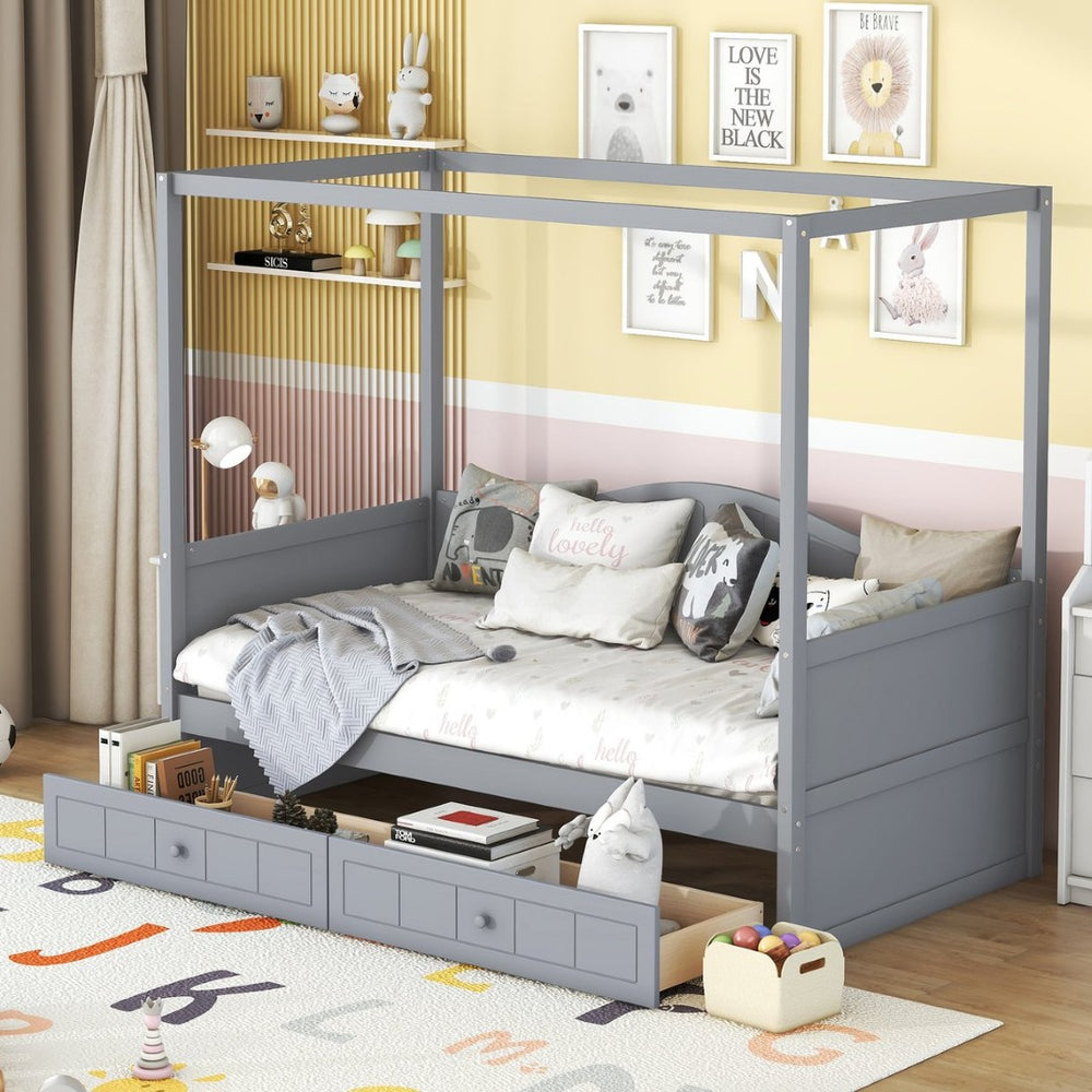 English Elm Twin Canopy Daybed with Pull Out Trundle Pinewood Frame for Kids or Guest Rooms N708P373435E