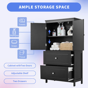 English Elm Bathroom Storage Cabinet with Two Doors and Drawers, Adjustable Shelf, MDF Finish, Slim 28"L x 15"W Black N725P188460B