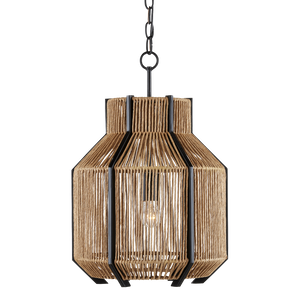 Mali Pendant Light Fixture - Bohemian Woven Design with Satin Black Iron, Adjustable Height & Warm Glow