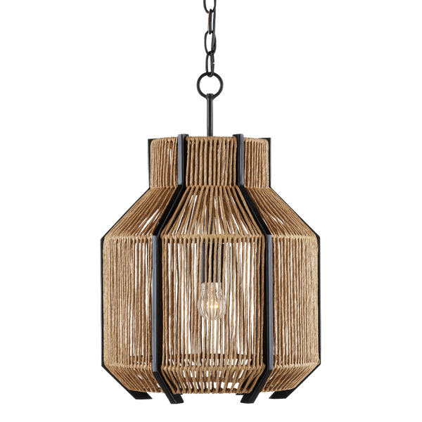 Mali Pendant Light Fixture - Bohemian Woven Design with Satin Black Iron, Adjustable Height & Warm Glow